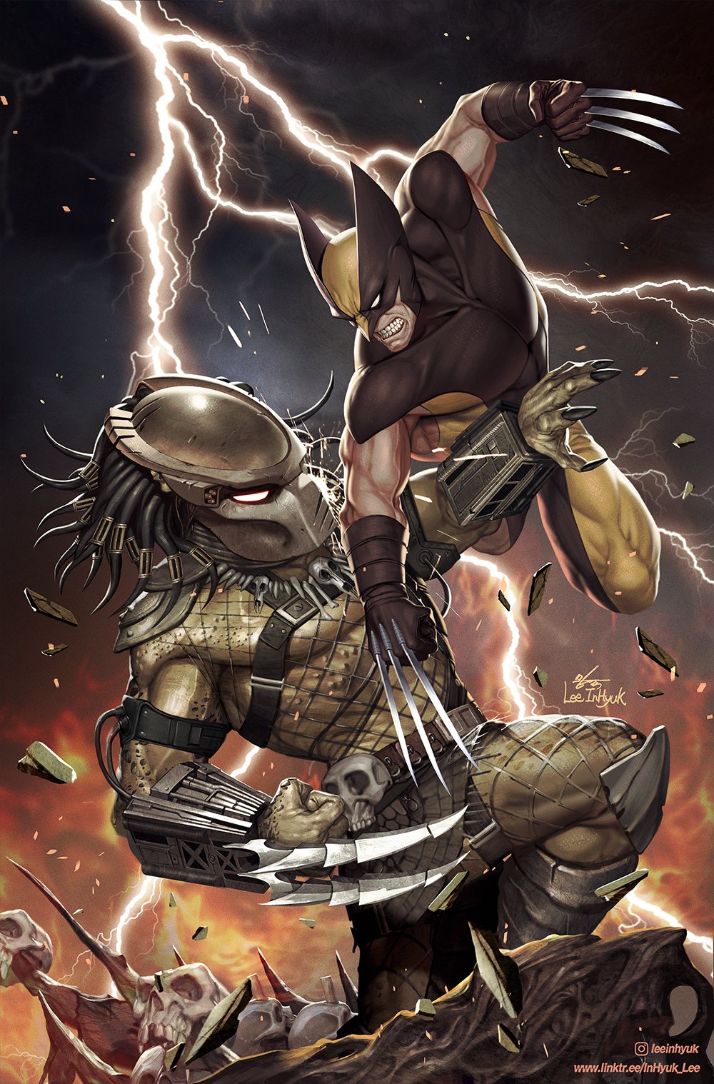 2boys alien arm_blade armor battle bodysuit claw_(weapon) claws crossover dreadlocks fighting fishnets gauntlets helmet highres in-hyuk_lee long_hair manly marvel mask multiple_boys muscular official_art pauldrons predator_(1987) predator_(character) predator_(series) predators_(2010) shoulder_armor skull teeth thigh_armor weapon wolverine_(x-men) x-men yellow_bodysuit