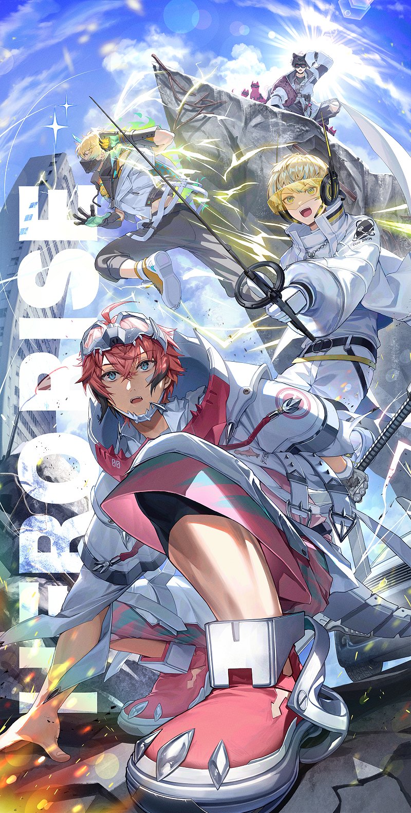 4boys :o ahoge akagi_wen akagi_wen_(1st_costume) animal_ears aqua_hair aqua_horns arm_up bandaid bandaid_on_cheek bandaid_on_face belt black_belt black_hair black_shirt blonde_hair blue_eyes blue_hair blue_sky building car cat cloud collared_shirt commentary crack cracked_floor crossed_bangs day drawstring electricity english_commentary fake_animal_ears gloves goggles goggles_on_head gradient_hair grey_gloves grey_jacket grey_pants hair_between_eyes hair_ornament head-mounted_display headgear hibachi_mana hibachi_mana_(1st_costume) highres holding holding_sword holding_weapon hood hood_up horns jacket jewelry ledge lens_flare lightning_bolt lightning_bolt_hair_ornament lightning_bolt_symbol long_sleeves looking_at_viewer male_focus mask motor_vehicle mouth_mask multicolored_hair multicolored_shirt multicolored_shoes multiple_boys necklace nijisanji open_clothes open_jacket open_mouth orange_hair orange_shoes oriens_(nijisanji) outdoors pants pink_hair pink_shoes puffy_long_sleeves puffy_sleeves purple_cat purple_shirt raised_fist rapier reg_(regulus_iii) safety_pin saiki_ittetsu saiki_ittetsu_(1st_costume) sharp_teeth shirt shoes short_hair short_sleeves shorts single_horn sky skyscraper sparkle squatting streaked_hair sun sunlight sword teeth torn_clothes torn_pants turtleneck two-tone_shoes undershirt upper_teeth_only usami_rito usami_rito_(1st_costume) virtual_youtuber weapon white_gloves white_jacket white_pants white_shirt white_shoes white_shorts wide_sleeves