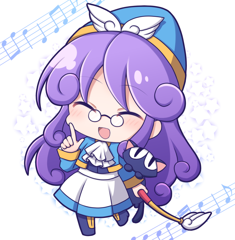 1girl :d accord_sensei ascot black_cat blue_footwear blue_headwear blue_jacket blue_shirt cat chibi closed_eyes curly_hair full_body holding holding_pointer jacket long_hair long_sleeves musical_note open_clothes open_jacket open_mouth pointer pointing popoi_(puyopuyo) purple_hair puyopuyo round_eyewear shiohachi shirt skirt smile solo star_(symbol) very_long_hair white_ascot white_background white_skirt
