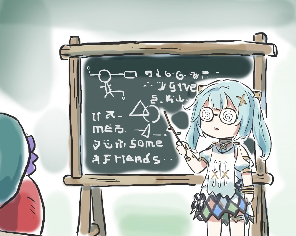1girl @_@ akademiya_uniform aqua_hair chalkboard chibi commentary dress english_text faruzan_(genshin_impact) genshin_impact glasses lecturing standing symbol-only_commentary twig twintails xinzoruo