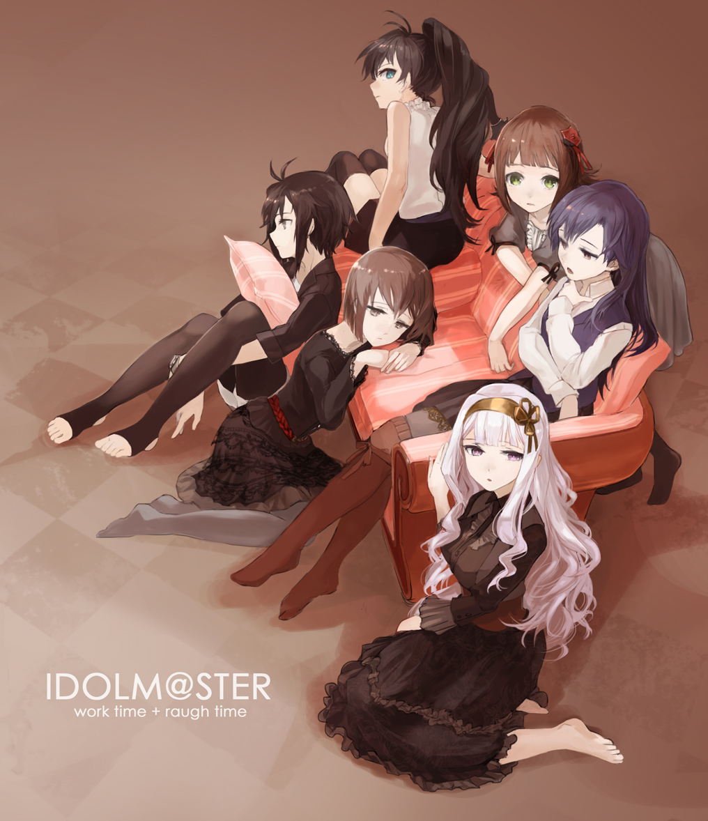 6+girls amami_haruka barefoot black_dress black_shirt black_skirt boot_socks bow brown_eyes brown_hair checkered_floor copyright_name couch dress english_text engrish_text floor frilled_dress frilled_skirt frills ganaha_hibiki green_eyes hagiwara_yukiho hair_bow hairband idolmaster idolmaster_(classic) kikuchi_makoto kisaragi_chihaya lace leggings long_hair long_skirt multiple_girls open_mouth pantyhose patterned_upholstery pillow pink_eyes pink_hair ponytail purple_hair ranguage red_upholstery shijou_takane shirt short_hair sitting skirt stirrup_legwear striped_upholstery thighhighs toeless_legwear toes vest watarubou wavy_hair