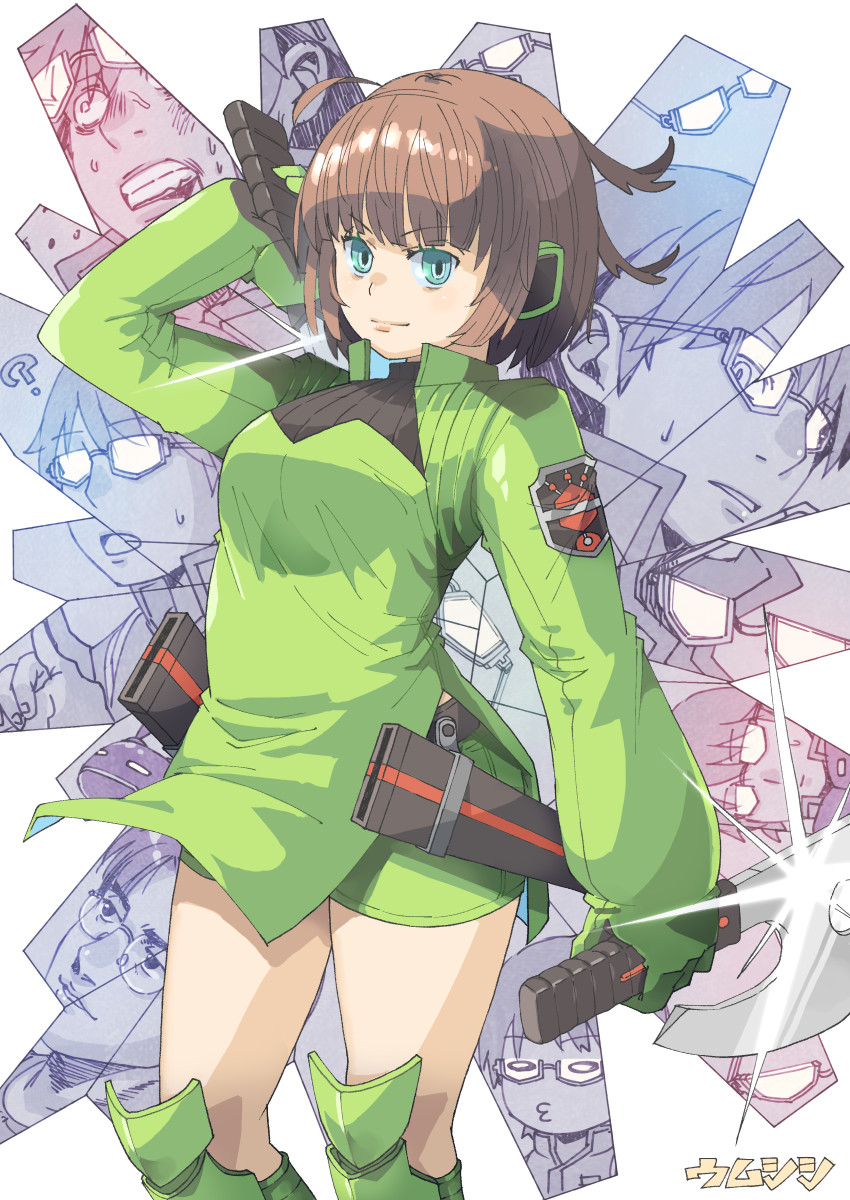 1girl 6+boys aqua_eyes brown_hair character_request clenched_teeth closed_mouth cowboy_shot dress glasses green_dress highres konami_kirie multiple_boys short_hair smile solo_focus sweat teeth umsisi world_trigger
