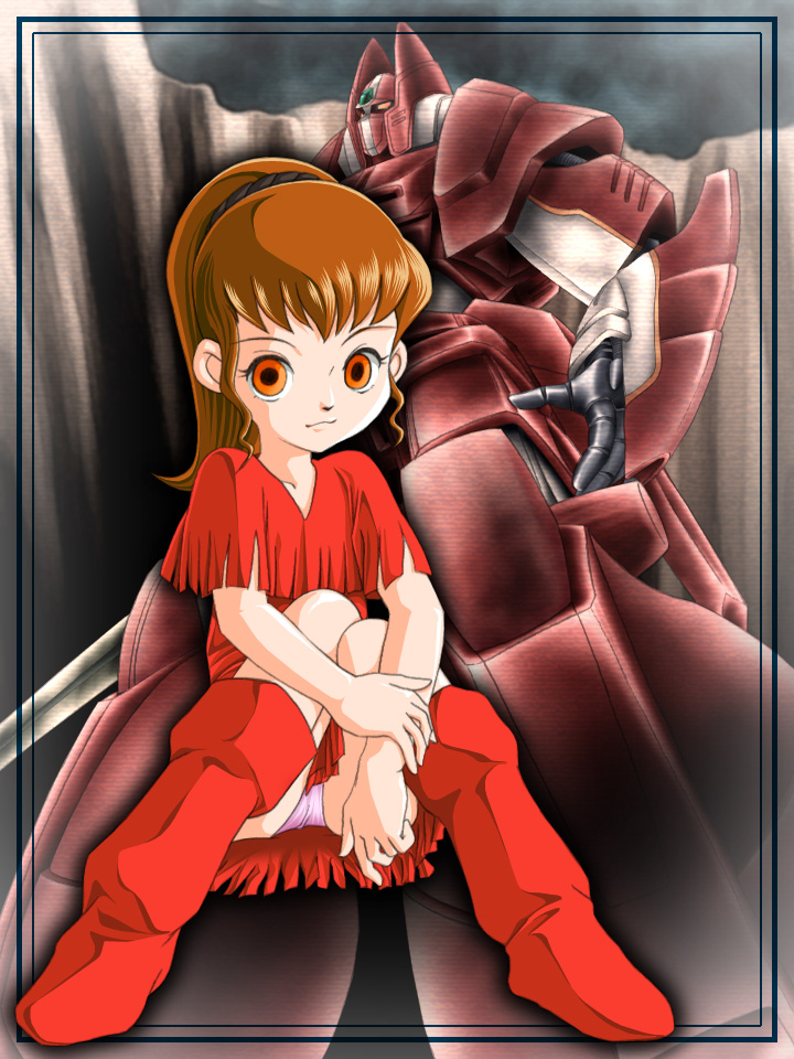 1980s_(style) 1girl :3 bad_id bad_pixiv_id boots brown_hair child chururu fringe_trim galient kikou-kai_galient knee_boots mecha oldschool orange_eyes panties pantyshot ponytail retro_artstyle robot sitting underwear zummy