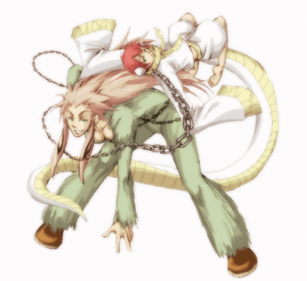 2girls animal_ears bad_id bad_pixiv_id bleach bleach:_zanpakutou_ibun_hen breasts chain cleavage fur green_eyes multiple_girls pink_hair red_hair simple_background tail tokoma_makoto zabimaru