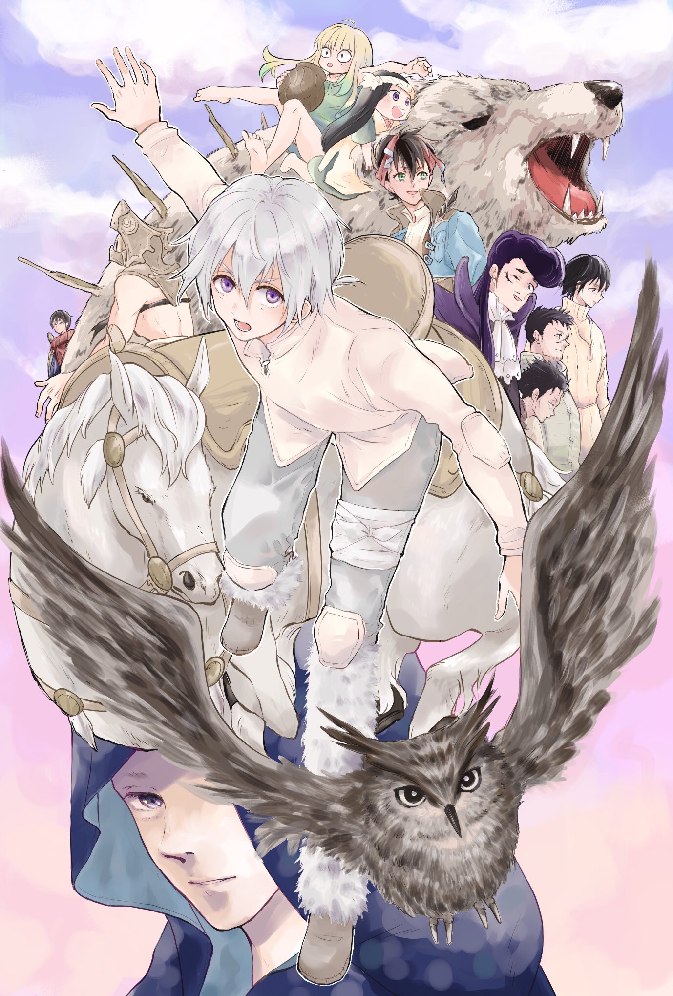 3girls 6+boys ascot bandaged_leg bandages barefoot bear bird black_hair blonde_hair blue_jacket bonchien_nicoli_la_tasty_peach_uralis character_request child cloak colored_tips dress facial_hair facial_mark fumetsu_no_anata_e fushi green_eyes green_hair grey_hair grey_pants gugu_(fumetsu_no_anata_e) hairo_rich headscarf headband helmet highres hood hood_up horse iddy_(fumetsu_no_anata_e) imasaranochiyo injury jacket jar kahaku_(fumetsu_no_anata_e) kai_renald_rawle kansatsusha looking_at_viewer looking_to_the_side march_(fumetsu_no_anata_e) messar_robin_bastar multicolored_hair multiple_boys multiple_girls one_eye_closed one_eye_covered oniguma_(fumetsu_no_anata_e) outstretched_arm owl pants pompadour profile purple_cloak purple_eyes purple_hair riding scar scar_on_face shirt shoes sky smile soles stubble sweater tonari_dalton topless_male turtleneck turtleneck_sweater white_ascot
