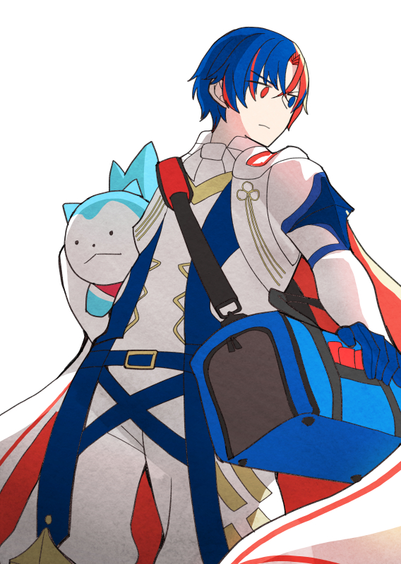 1boy 1other alear_(fire_emblem) alear_(male)_(fire_emblem) blue_eyes blue_fur blue_hair crossed_bangs fire_emblem fire_emblem_engage heterochromia multicolored_hair nintendo ouzisamafe red_eyes red_hair solo sommie_(fire_emblem) split-color_hair two-tone_fur two-tone_hair white_fur