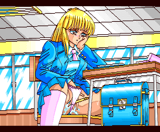 1990s_(style) 1girl artist_request bag blonde_hair blue_skirt ceiling chair classroom desk female_focus female_masturbation fluorescent_lamp green_nails indoors long_hair masturbation momonoki_house msx2 nail_polish necktie object_insertion panties peach_up_special_2 pencil pink_necktie pink_panties pink_socks pixel_art pleated_skirt pussy_juice pussy_juice_trail retro_artstyle school_bag school_chair school_desk school_uniform sitting skirt socks solo spread_legs tagme underwear vaginal vaginal_object_insertion window