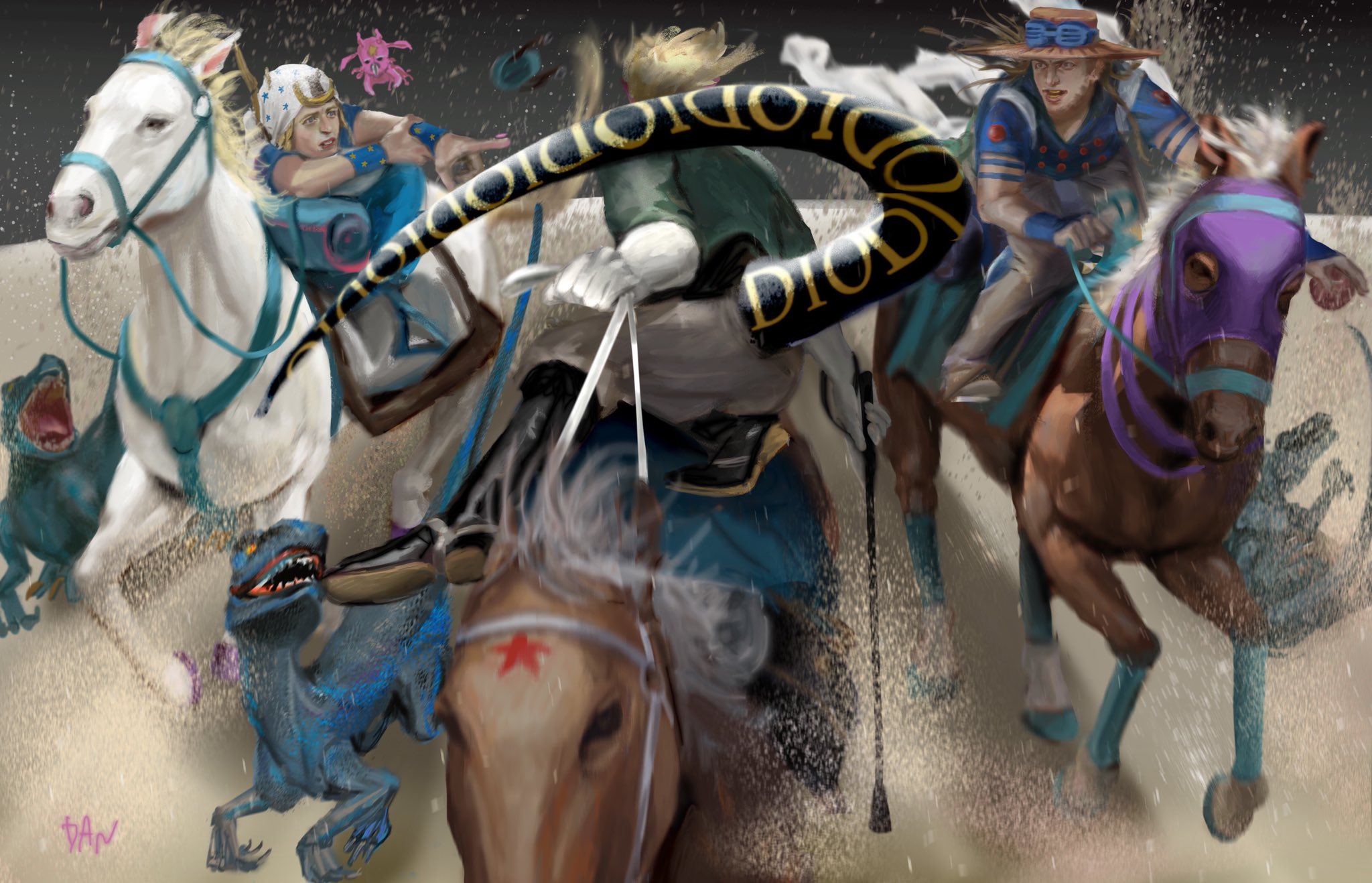 3boys artist_name ball beanie beard blonde_hair blue_eyes danart14020 diego_brando dinosaur dinosaur_tail facial_hair goggles goggles_on_headwear gyro_zeppeli hat highres holding holding_ball holding_riding_crop holding_whip horse horseback_riding horseshoe_ornament johnny_joestar jojo_no_kimyou_na_bouken long_hair looking_at_another male_focus multiple_boys muscular pants realistic riding riding_crop scary_monsters_(stand) shirt silver_bullet_(jojo) slow_dancer_(jojo) stand_(jojo) star_(symbol) star_print steel_ball_(jojo) steel_ball_run sweater tail tusk_(stand) tusk_act1 valkyrie_(jojo) wristband