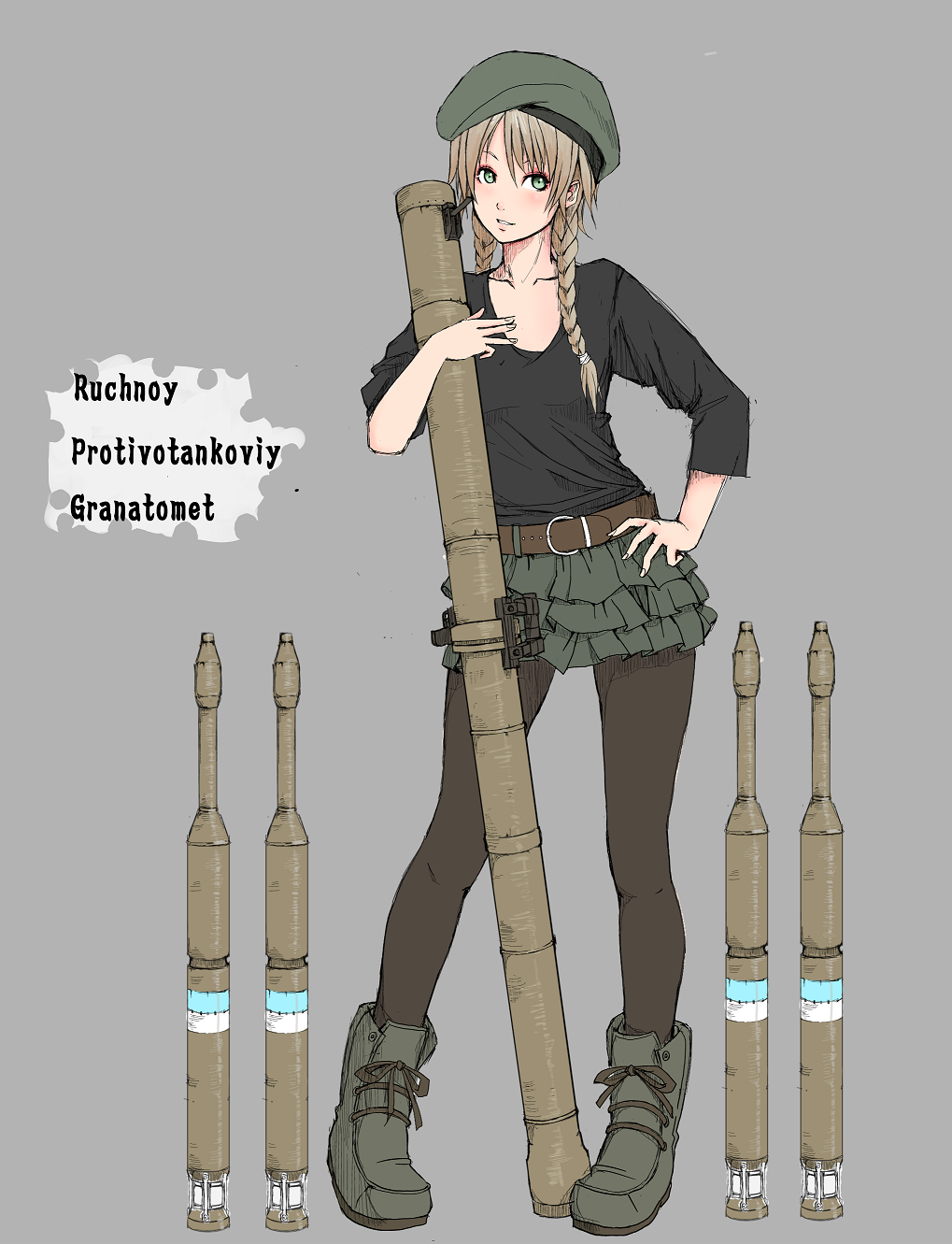 1girl ammunition belt beret blonde_hair boots braid electronic_firearm female_focus green_eyes gun hat high-explosive_anti-tank_(warhead) highres jittsu legs lips military original pantyhose pg-29 rocket-propelled_grenade rocket_(projectile) rocket_launcher rpg-29 rpg_(weapon) russian_text shaped_charge skirt sleeves_pushed_up solo tandem-charge twin_braids weapon