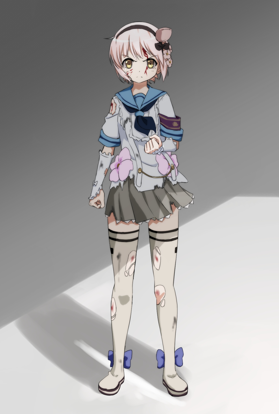 1girl blood blood_on_face blue_bow boots bow clenched_hands closed_mouth crying crying_with_eyes_open cuts female_focus frown full_body grey_skirt hairband highres injury looking_at_viewer magical_girl mahou_shoujo_ikusei_keikaku motsutoko neckerchief pink_hair pleated_skirt sailor_collar scrape shirt short_hair short_sleeves silhouette skirt snow_white_(mahoiku) solo standing tears thigh_boots thighhighs torn_boots torn_clothes torn_shirt torn_skirt v-shaped_eyebrows white_boots yellow_eyes