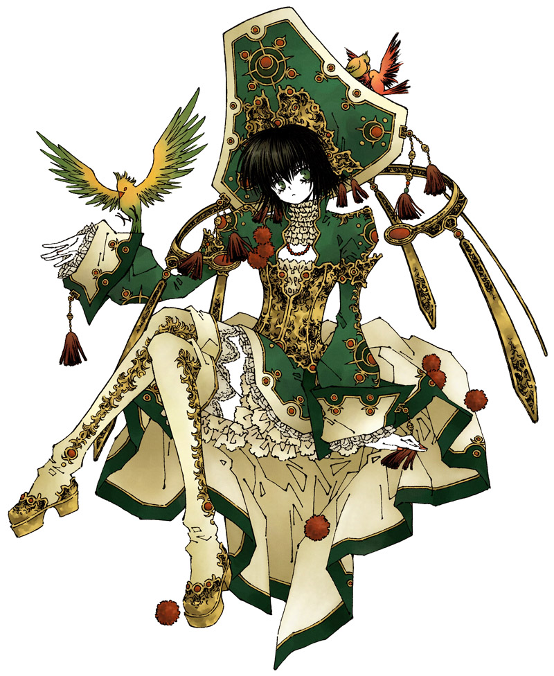 00s 1girl animal animal_on_head bird bird_on_head black_hair boots female_focus green_eyes hat karezel lace on_head seth_nightroad short_hair solo thigh_boots thighhighs trinity_blood