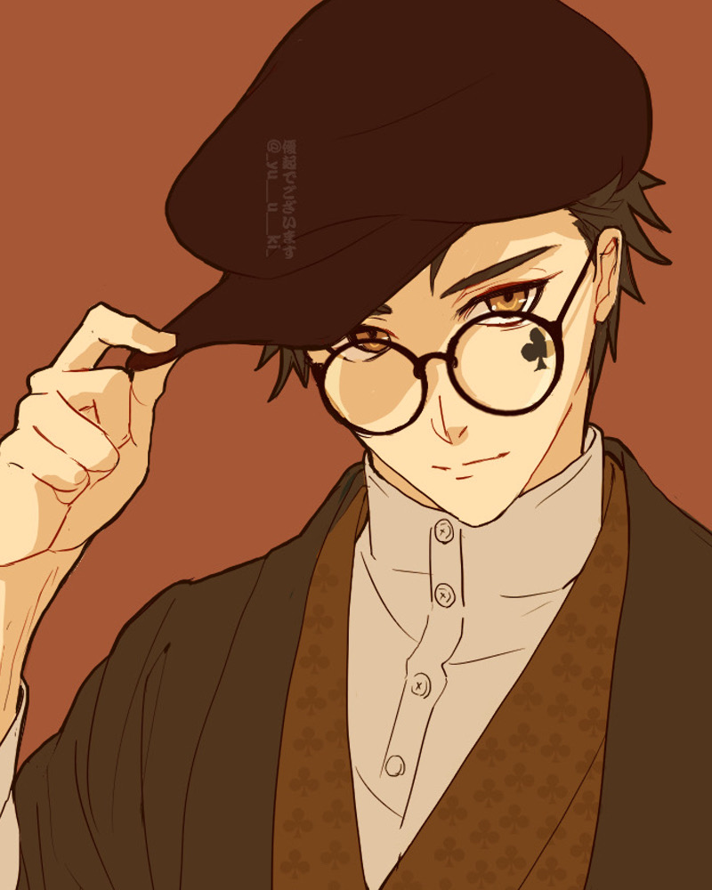 1boy adjusting_clothes adjusting_headwear brown_background brown_eyes brown_hair brown_jacket brown_theme newsboy_cap commentary_request glasses hand_up hat jacket looking_at_viewer male_focus round_eyewear short_hair simple_background solo trey_clover twisted_wonderland upper_body yuuki_(yukko7474)
