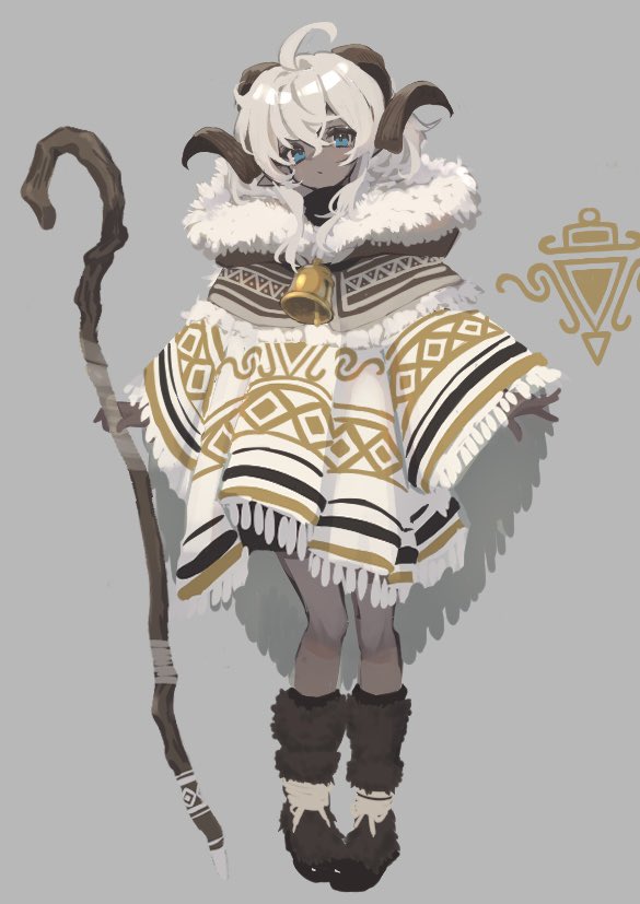 1girl ahoge bell blue_eyes brown_footwear brown_fur coat commentary dark_skin full_body fur_coat fur_footwear glyph grey_background holding holding_staff hood horns knees looking_at_viewer neck_bell original patterned patterned_clothing pointy_ears poncho sheep_girl sheep_horns staff standing string tassel wata_midori white_hair