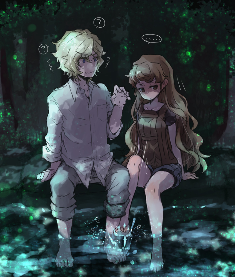1boy 1girl ? arm_support barefoot blonde_hair blue_eyes blush brown_eyes brown_hair couple dress_shirt embarrassed forest grey_pants grey_shirt grey_shorts hair_between_eyes isuzu_(log_horizon) log_horizon long_hair looking_away lunderhaus_cord mo_(deciliter) nature night outdoors pants shirt short_shorts short_sleeves shorts sitting soaking_feet speech_bubble sweatdrop very_long_hair
