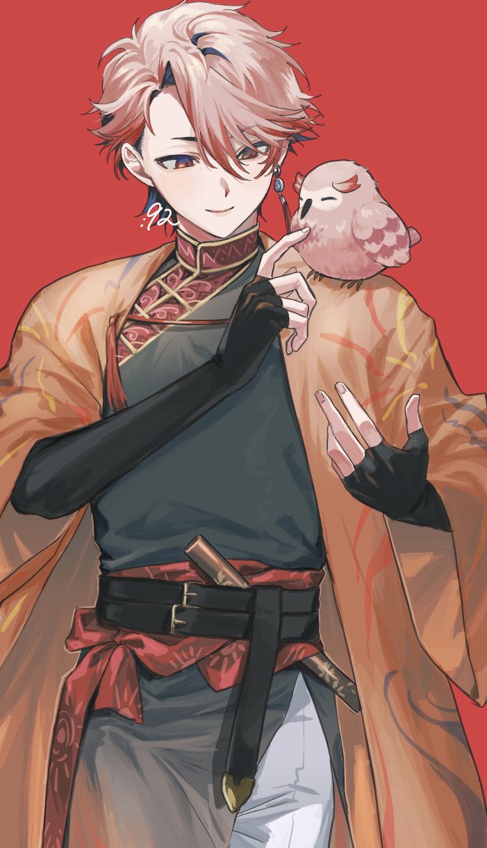 1boy animal animal_on_shoulder belt belt_buckle bird bird_on_shoulder black_belt black_gloves black_hair buckle changpao chinese_clothes closed_mouth coat commentary_request cowboy_shot earrings elbow_gloves fingerless_gloves gloves hair_between_eyes hands_up highres jewelry kuzumiya_yuyu long_sleeves male_focus mandarin_collar mimizuku-san_(seraph_dazzlegarden) multicolored_hair nijisanji open_clothes open_coat orange_coat owl pants parted_bangs pink_hair red_background red_eyes red_hair seraph_dazzlegarden short_hair simple_background single_earring smile solo standing streaked_hair tassel tassel_earrings virtual_youtuber white_pants wide_sleeves