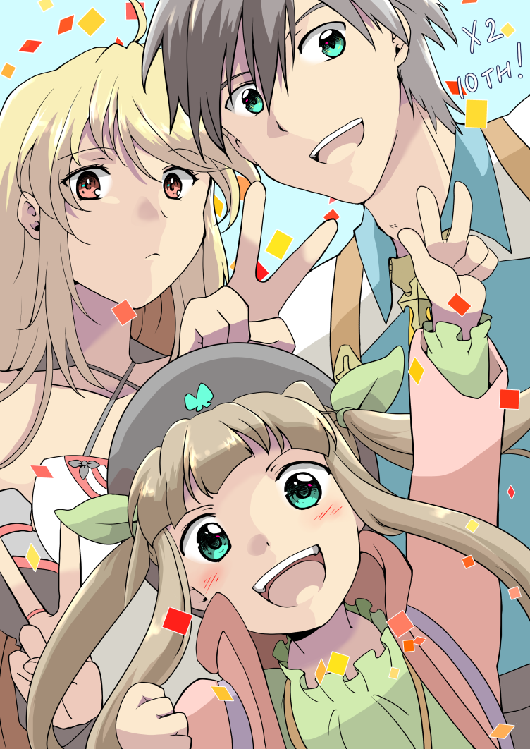 1boy 2girls :&lt; ahoge anniversary arm_up backpack bag black_hair blonde_hair blue_background blunt_bangs blush child confetti elle_mel_martha facing_viewer family green_eyes grey_hair hair_between_eyes happy hat jewelry light_brown_hair long_hair looking_at_viewer ludger_will_kresnik milla_maxwell_(tox2) multicolored_hair multiple_girls open_mouth red_eyes ring short_hair smile tales_of_(series) tales_of_xillia tales_of_xillia_2 twintails two-tone_hair upper_body v