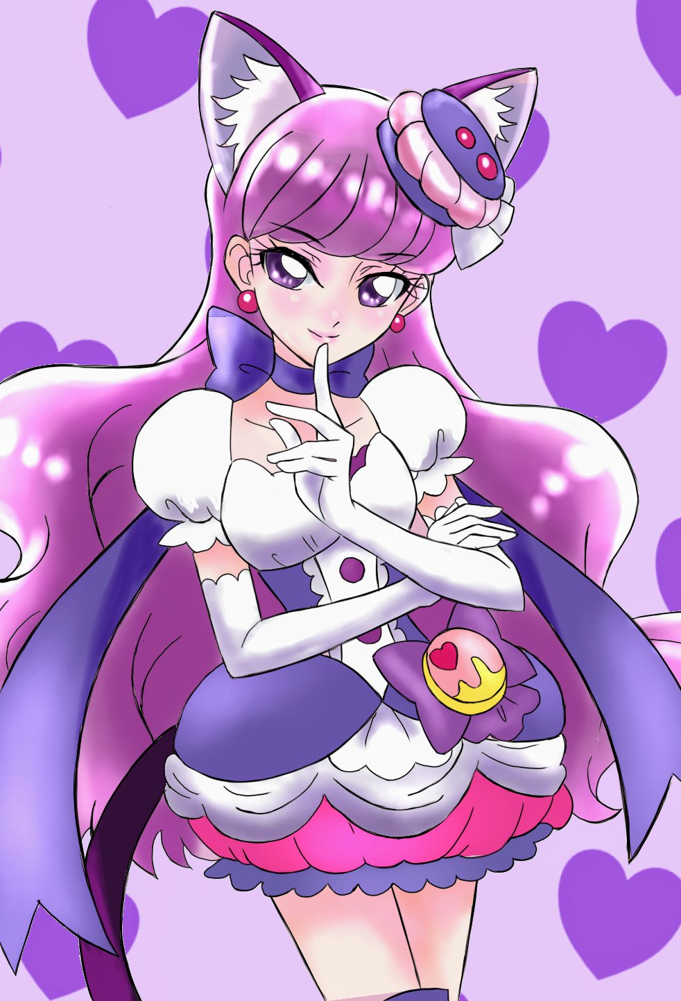 1girl animal_ears cat_ears choker cowboy_shot cure_macaron earrings elbow_gloves extra_ears food-themed_hair_ornament gloves hair_ornament highres jewelry kirakira_precure_a_la_mode kotozume_yukari long_hair macaron_hair_ornament magical_girl precure purple_background purple_eyes purple_hair rabitan1022 smile tail white_gloves
