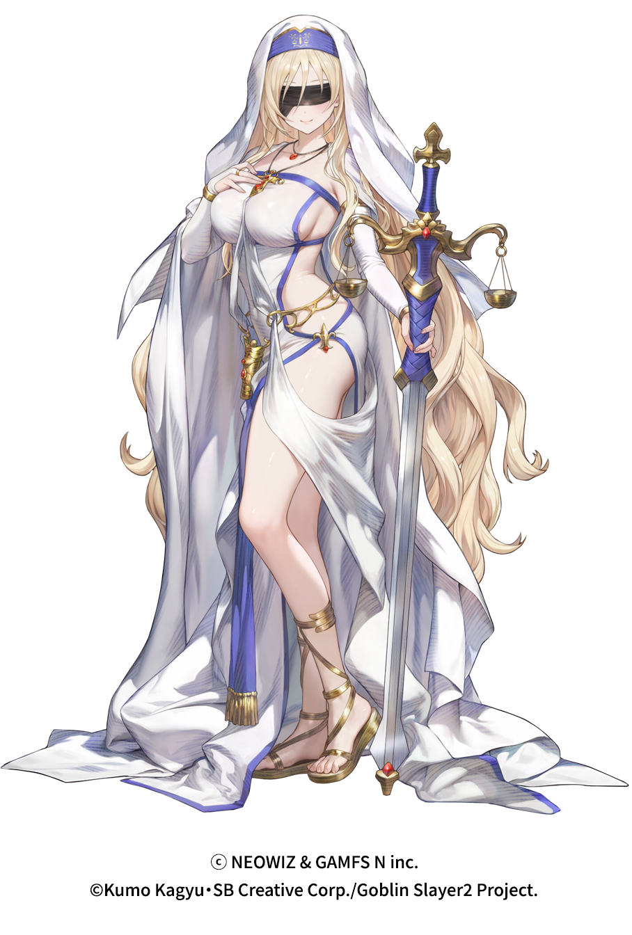 1girl armpits blindfold blush breasts brown_dust_(series) brown_dust_2 closed_mouth copyright_name dress from_side full_body goblin_slayer! gold_sandals hand_on_own_chest highres holding holding_sword holding_weapon jewelry large_breasts lips looking_at_viewer official_art pendant revealing_clothes sandals sideboob simple_background smile solo sword sword_maiden toes veil weapon weighing_scale white_background white_dress white_sleeves white_veil