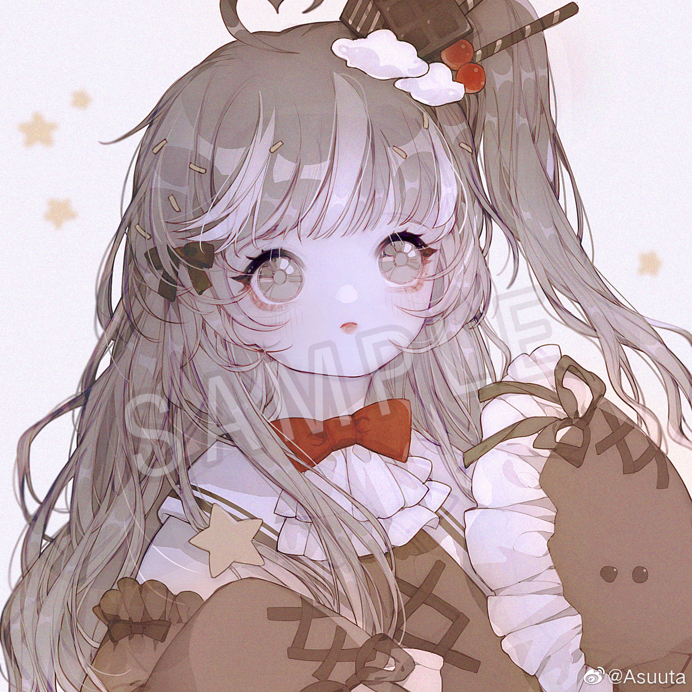 antenna_hair ascot asuuta bare_shoulders blunt_bangs bow bowtie brown_bow brown_eyes brown_hair brown_ribbon brown_shirt chinese_commentary chocolate chocolate_hair_ornament cinnamon_stick clothing_cutout cloud_hair_ornament commentary_request commission cross-laced_clothes cross-laced_sleeves expressionless eyelashes food-themed_hair_ornament frilled_sleeves frills grey_background hair_ornament heart_antenna_hair highres juliet_sleeves light_blush lipstick long_hair long_sleeves looking_ahead makeup multicolored_hair one_side_up original parted_lips pink_lips puffy_sleeves red_bow red_bowtie ribbon sailor_collar sample_watermark shirt shoulder_cutout sidelocks simple_background sleeve_bow sleeve_ribbon sleeves_past_fingers sleeves_past_wrists star_(symbol) streaked_hair tareme traditional_bowtie very_long_hair watermark weibo_watermark white_ascot white_hair white_sailor_collar wide_sleeves