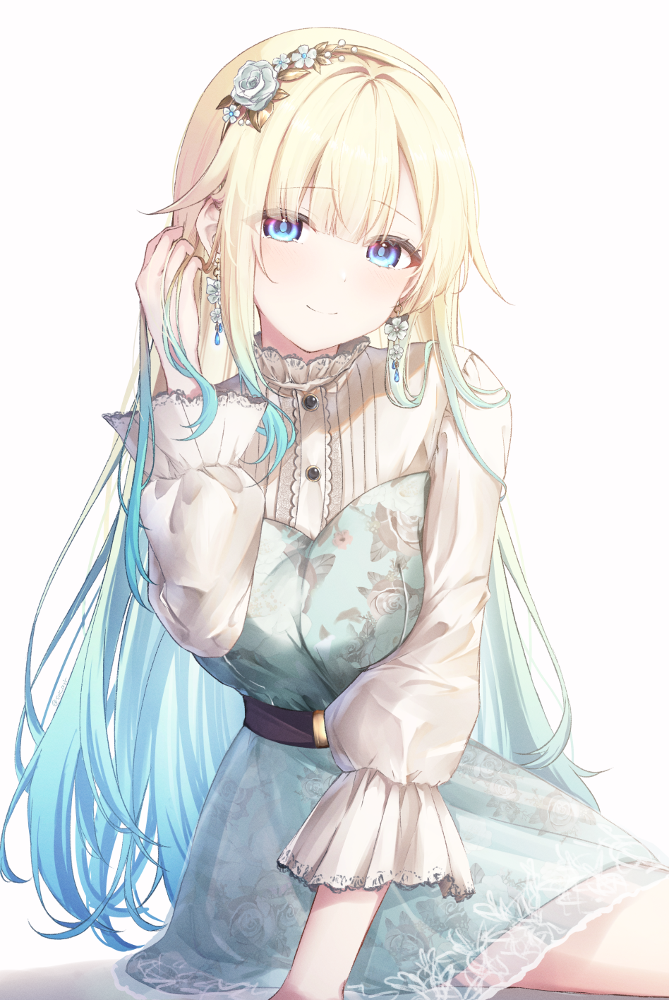 1girl aizawa_ema aizawa_ema_(3rd_costume) aqua_dress azure_(sor_azr) belt blonde_hair blue_eyes blue_hair blunt_bangs brown_belt commentary dress earrings floral_print flower flower_earrings gradient_hair hair_flaps hair_flower hair_ornament hand_in_own_hair highres jewelry lace lace-trimmed_collar lace-trimmed_shirt lace-trimmed_sleeves lace_trim long_hair long_sleeves looking_at_viewer multicolored_hair see-through_skirt_layer shirt simple_background sitting smile solo symbol-only_commentary very_long_hair virtual_youtuber vspo! white_background