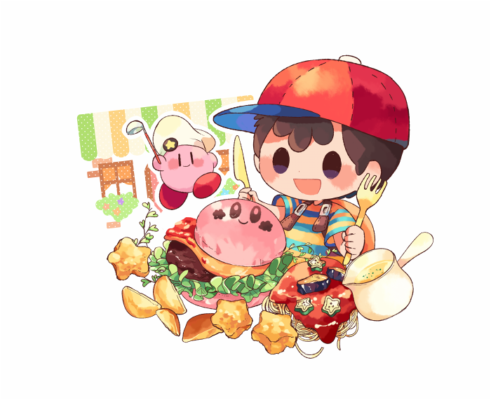 1boy :d baseball_cap black_hair blue_shirt blush blush_stickers burger bush cheese chef_hat closed_mouth commentary_request food fork hands_up hat hitofutarai holding holding_fork holding_knife holding_ladle ketchup kirby kirby_(series) kirby_burger kitchen_knife knife ladle lettuce male_focus mother_(series) mother_2 multicolored_clothes ness_(mother_2) nintendo open_mouth pasta pitcher_(container) potato_wedges red_headwear shirt short_hair short_sleeves simple_background smile solid_oval_eyes spaghetti star_(symbol) striped_clothes striped_shirt t-shirt tomato_sauce two-tone_shirt upper_body white_background white_headwear window yellow_shirt