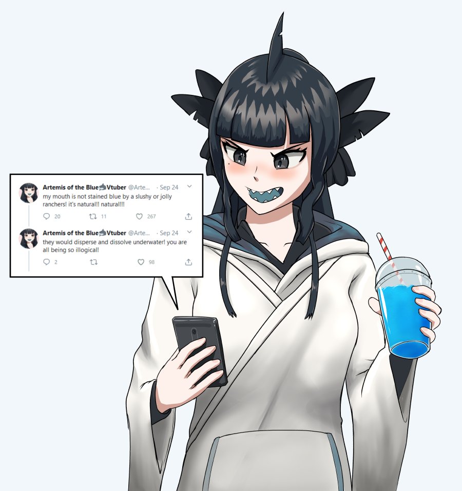 1girl angry artemis_of_the_blue black_eyes black_hair blue_tongue blush colored_tongue commentary drink english_commentary english_text goodnessme holding holding_drink holding_phone indie_virtual_youtuber looking_at_phone looking_down mole mole_under_eye open_mouth phone slushie solo v-shaped_eyebrows virtual_youtuber