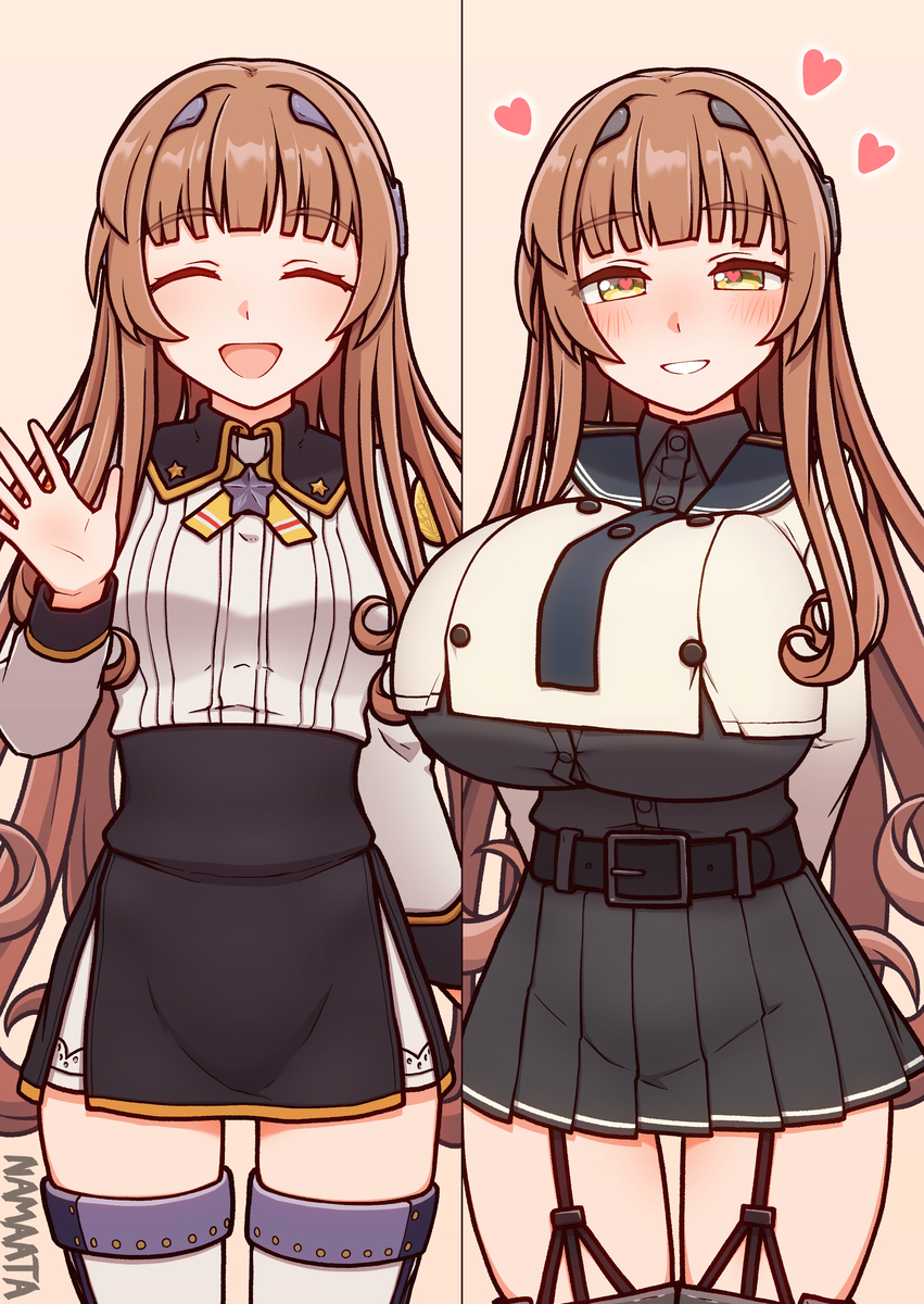 arms_behind_back before_and_after black_shirt black_skirt breast_expansion breasts brown_hair cosplay garter_straps heart heart_in_eye helena_(kancolle) highres huge_breasts kantai_collection long_hair long_sleeves miniskirt namaata noshiro_(kancolle) noshiro_kai_ni_(kancolle) noshiro_kai_ni_(kancolle)_(cosplay) pleated_skirt shirt skirt small_breasts smile symbol_in_eye thighhighs waving white_shirt