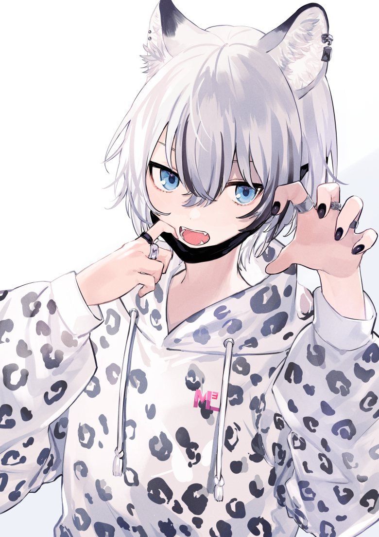 1girl animal_ears animal_print black_mask black_nails blue_eyes claw_pose commentary_request earclip earrings hair_between_eyes hands_up hood hood_down hoodie jewelry leopard_ears leopard_print long_sleeves looking_at_viewer mask mask_pull mouth_mask multicolored_hair multiple_rings open_mouth original print_hoodie ring short_hair shugao simple_background solo streaked_hair upper_body white_background white_hair white_hoodie
