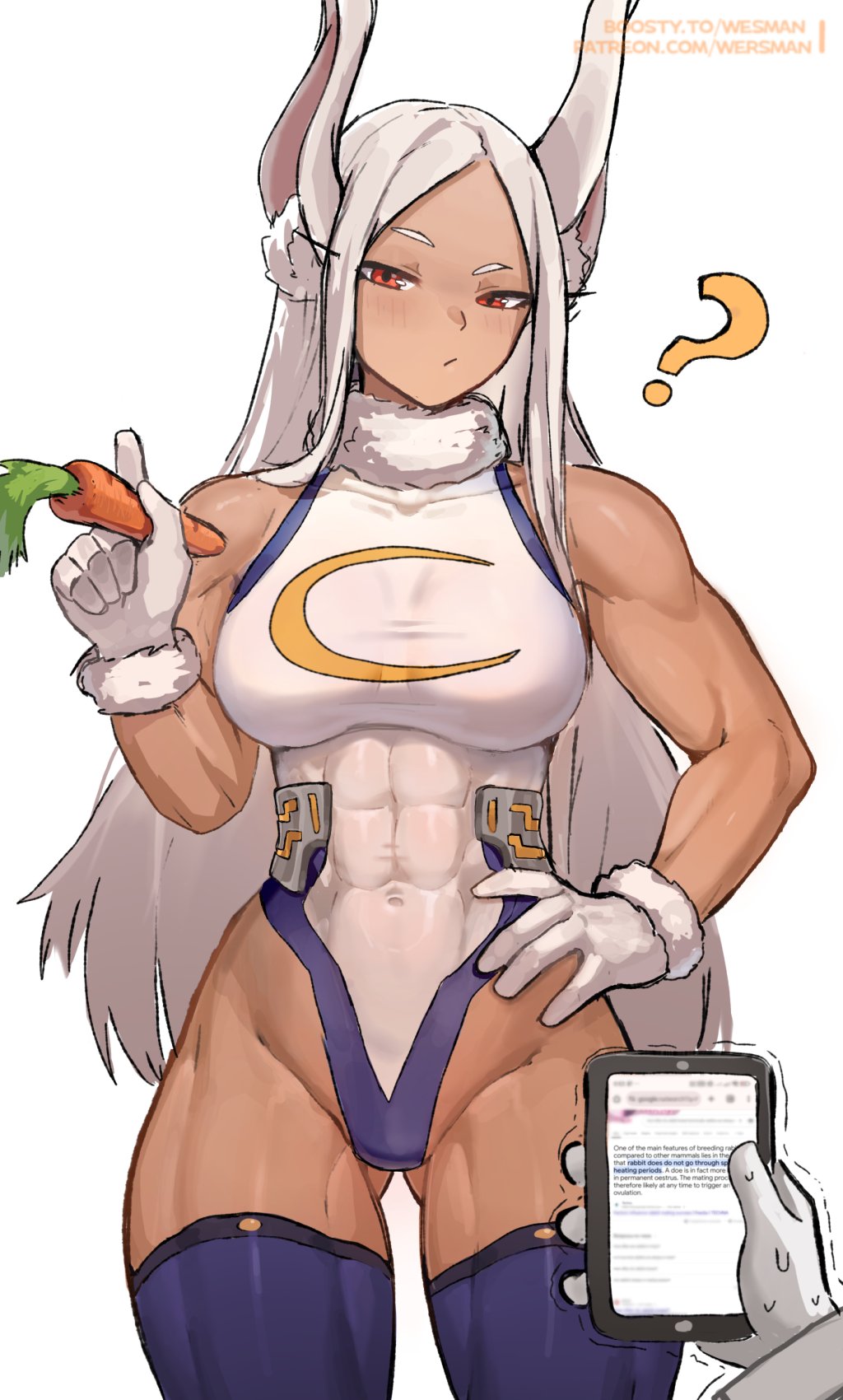 1girl 1other :/ ? animal_ears bare_shoulders blush boku_no_hero_academia boosty_username breasts carrot cellphone commentary covered_abs covered_collarbone covered_navel crescent_print dark-skinned_female dark_skin english_commentary english_text fur-trimmed_gloves fur_collar fur_trim gloves gluteal_fold hand_on_own_hip highleg highleg_leotard highres holding holding_carrot holding_phone large_breasts leotard long_eyelashes long_hair looking_at_viewer mirko parted_bangs patreon_username phone pov pov_hands purple_thighhighs rabbit_ears rabbit_girl raised_eyebrow red_eyes sleeveless_turtleneck_leotard smartphone sweat taut_leotard thick_thighs thighhighs thighs toned toned_female trembling very_long_hair wersman white_gloves white_hair white_leotard