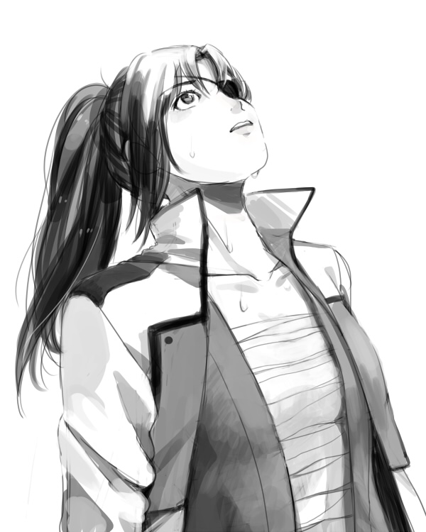 black_hair eyepatch gintama jacket looking_up monochrome open_clothes open_jacket open_mouth ponytail sarashi wet yagyuu_kyuubei