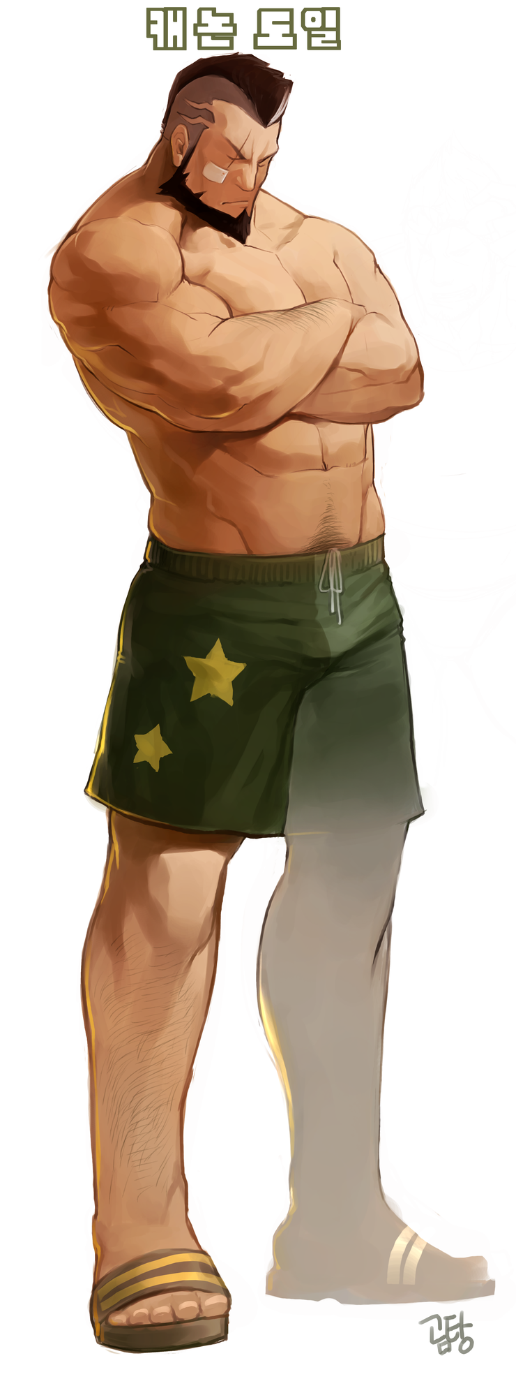 1boy abs alternate_costume arm_hair bandaid bandaid_on_cheek bandaid_on_face bara beard black_hair casual closed_eyes crossed_arms cyphers damian_doyle_(cyphers) facial_hair frown full_body gomtang green_shorts highres korean_text large_pectorals leg_hair male_focus mature_male mohawk muscular muscular_male navel navel_hair nipples pectorals sandals scar scar_across_eye scar_on_face short_hair shorts solo star_(symbol) star_print stomach third-party_source topless_male translation_request