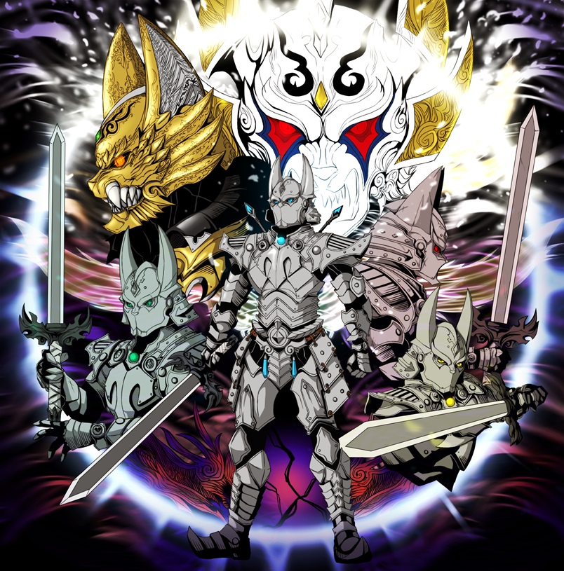 6+boys animal_ears aqua_eyes armor black_bodysuit bodysuit full_armor garo garo:_the_one_who_inherits_steel garo_(series) gem gold_armor green_gemstone grey_armor hagane_(garo) halo holding holding_sword holding_weapon looking_at_viewer multiple_boys orange_eyes profile red_eyes satoi_(baudy) sharp_teeth shoulder_armor sword teeth tokusatsu weapon white_armor wolf_ears yellow_eyes zango_(garo)