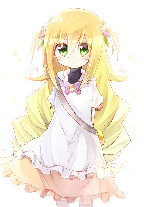 1girl aged_down ake_no_hoshi_no_elise arms_behind_back blonde_hair bow child dress female_focus flower green_eyes hair_flower hair_ornament long_hair looking_at_viewer pink_bow puffy_short_sleeves puffy_sleeves rento_(rukeai) saikyou_ginga_ultimate_zero_~battle_spirits~ short_sleeves sidelocks simple_background smile solo white_background white_dress