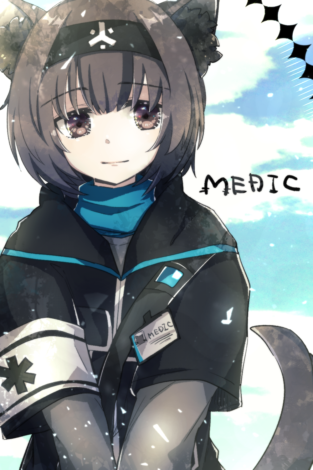0sousaki0 1girl animal_ear_fluff animal_ears arknights armband black_hairband black_jacket brown_eyes brown_hair closed_mouth commentary_request grey_shirt hairband highres id_card jacket layered_sleeves light_smile long_sleeves looking_at_viewer partial_commentary rhodes_island_medic_(arknights) shirt short_hair short_over_long_sleeves short_sleeves solo star_of_life tail tail_raised upper_body v_arms white_armband