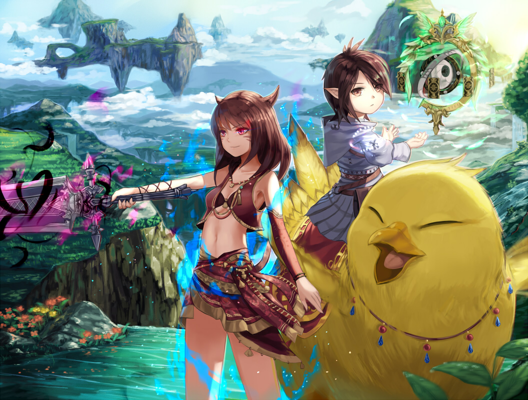 10s 2girls astrologian_(final_fantasy) aura breasts brown_eyes brown_hair chocobo cleavage cloud dark_knight_(final_fantasy) day fat_chocobo final_fantasy final_fantasy_xiv floating_island glowing glowing_eyes glowing_weapon hood lalafell long_hair looking_at_viewer miqo&#039;te multiple_girls natsumoka pink_eyes riding short_hair sky small_breasts smile standing sword warrior_of_light_(ff14) weapon