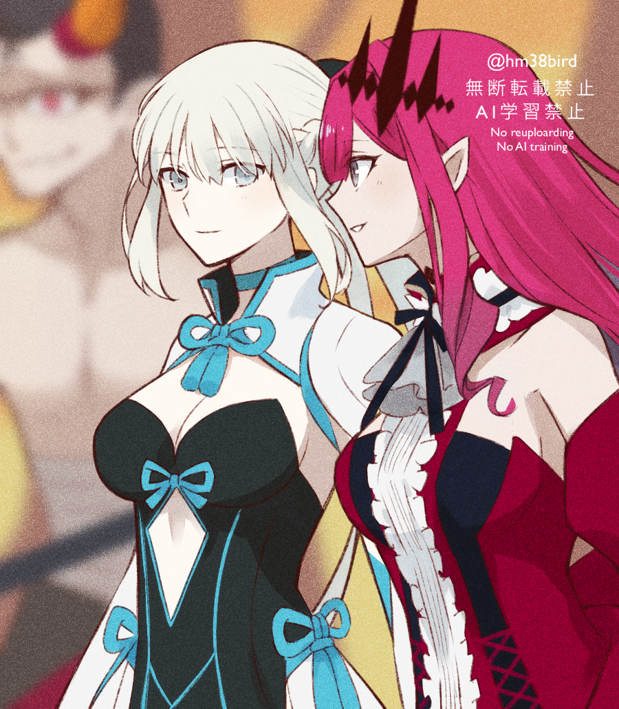1boy 2girls apron baobhan_sith_(fate) baobhan_sith_(first_ascension)_(fate) beryl_gut black_dress blush breasts cleavage detached_sleeves dress fate/final_journey fate/grand_order fate_(series) frilled_dress frills grey_eyes hair_ornament long_hair morgan_le_fay_(fate) morgan_le_fay_(first_ascension)_(fate) mother_and_daughter multiple_girls nakanohiro pink_hair pointy_ears ponytail sidelocks smile white_apron