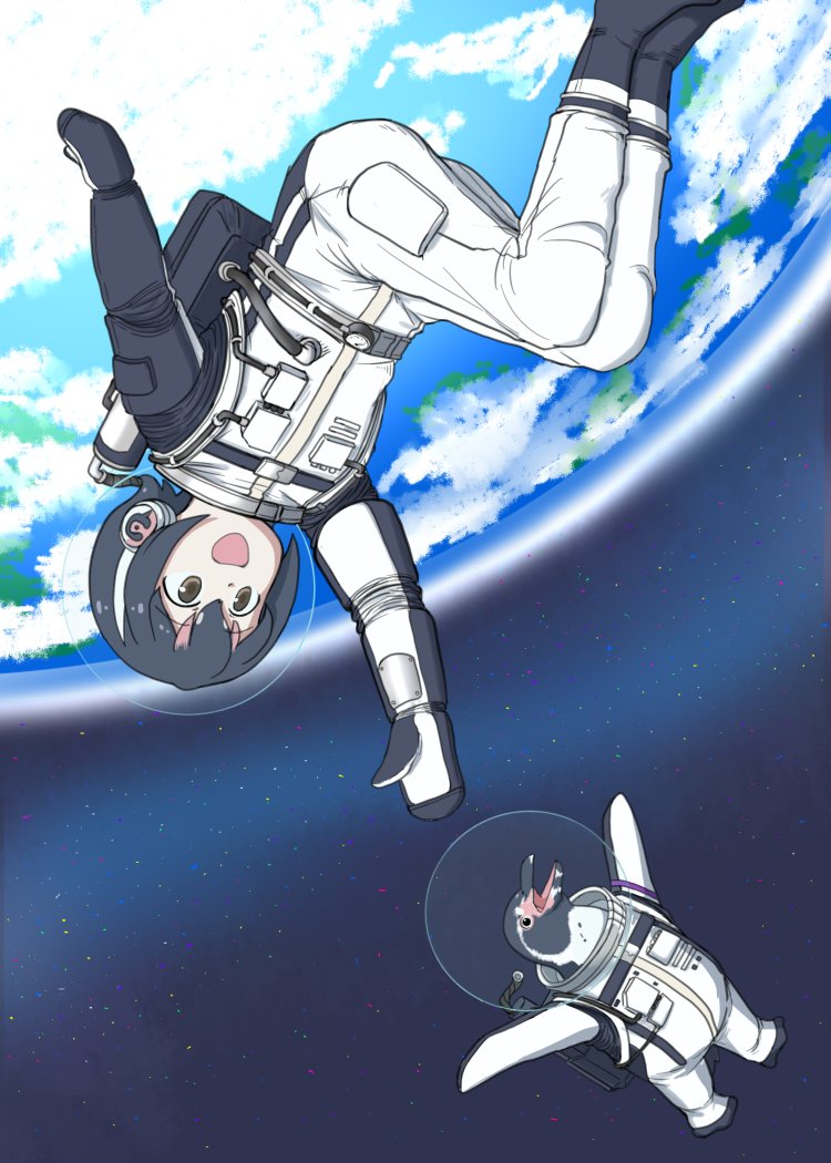 10s 1girl :d bird black_hair earth_(planet) grape-kun headphones humboldt_penguin humboldt_penguin_(kemono_friends) kemono_friends multicolored_hair ojigiri_(hisano1202) open_mouth outstretched_arm penguin short_hair smile space spacesuit upside-down