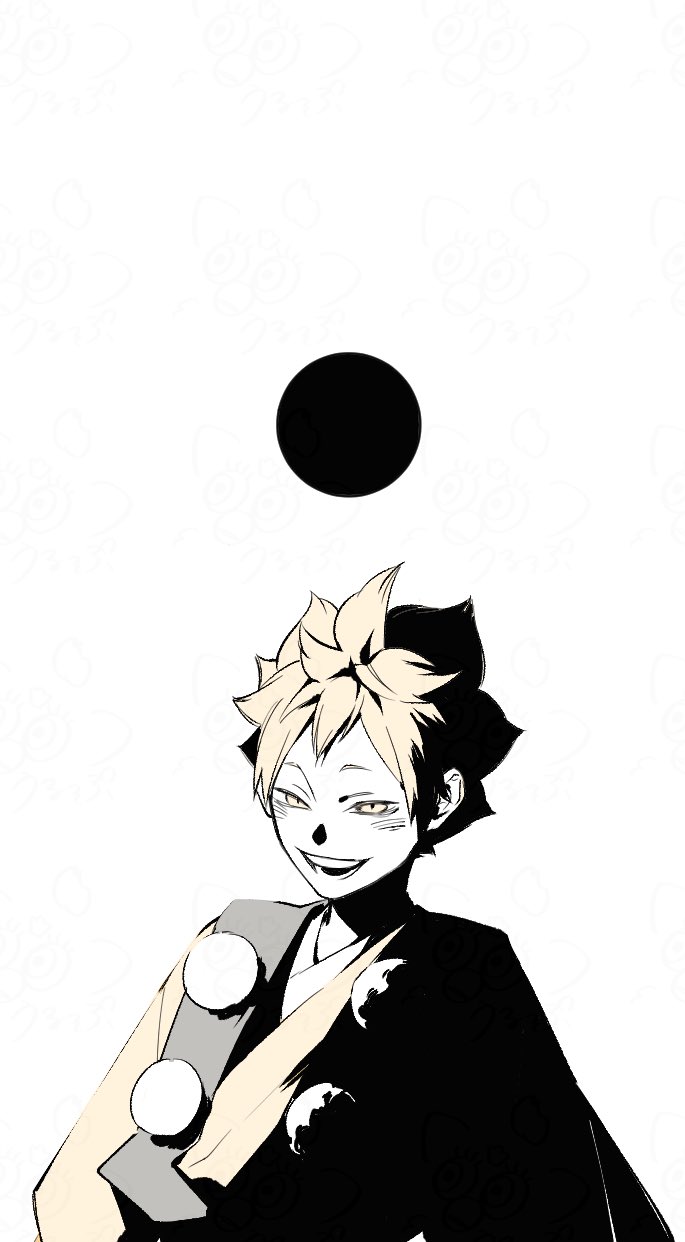1boy alternate_costume black_circle blonde_hair circle commentary_request grin haikyuu!! hair_between_eyes highres hinata_shouyou japanese_clothes kimono looking_at_viewer male_focus multicolored_kimono narrowed_eyes open_mouth short_hair simple_background slit_pupils smile solo teeth upper_body urup_zzz white_background yellow_eyes