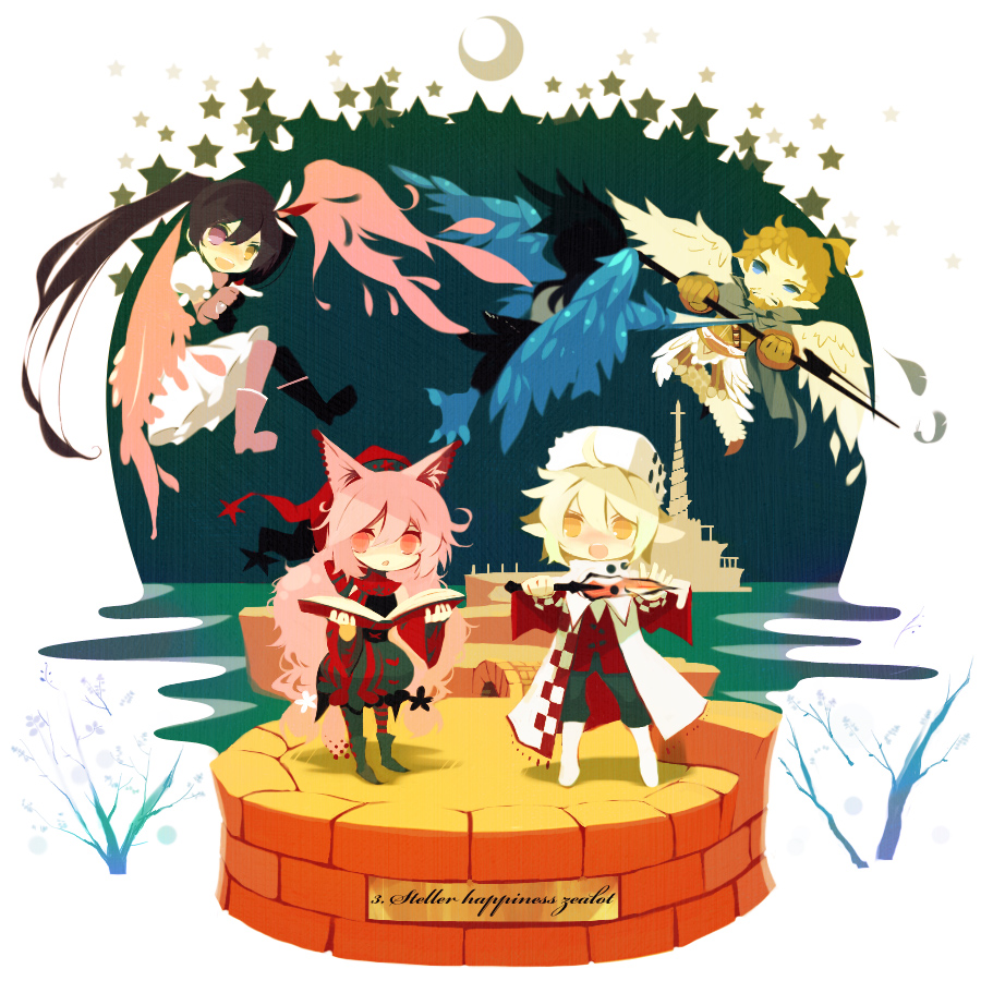 2boys 2girls :o ahoge angel_wings animal_ear_fluff animal_ears armor asymmetrical_legwear bare_shoulders beard bird black_flower black_hair black_pants black_shirt blonde_hair blue_eyes blue_wings book boots breastplate bridge brown_footwear bubble_skirt buttons castle checkered_clothes checkered_scarf collared_shirt commentary_request crescent_moon dagger deer_ears detached_sleeves determined dress facial_hair faulds feather_hair_ornament feathered_wings feathers fighting flower flying fox_ears french_commentary fringe_trim fur_hat gloves grey_cloak grey_footwear grey_pantyhose grey_skirt hair_between_eyes hair_flower hair_ornament half-closed_eye hat hat_ornament heart heart_print high_ponytail holding holding_book holding_dagger holding_knife holding_polearm holding_weapon knee_boots knife long_hair long_sleeves looking_at_viewer medium_dress miniskirt mismatched_legwear mixed-language_commentary moon multiple_boys multiple_girls mustache_stubble night nightcap no_lineart open_book open_clothes open_mouth open_robe pants pantyhose parted_lips pink_boots pink_eyes pink_gloves pink_hair pink_pantyhose pink_wings pixiv_fantasia pixiv_fantasia_4 polearm ponytail puffy_sleeves red_dress red_hat red_pantyhose red_scarf red_sleeves red_vest robe saya_(sayaya) scarf shirt short_hair short_ponytail skirt smile standing star_(symbol) star_hat_ornament striped_clothes striped_pantyhose stubble tree trident two-sided_robe two-tone_pantyhose two-tone_scarf ushanka very_long_hair vest weapon white_background white_flower white_footwear white_hat white_robe white_scarf white_shirt white_wings wide_sleeves wings yellow_eyes