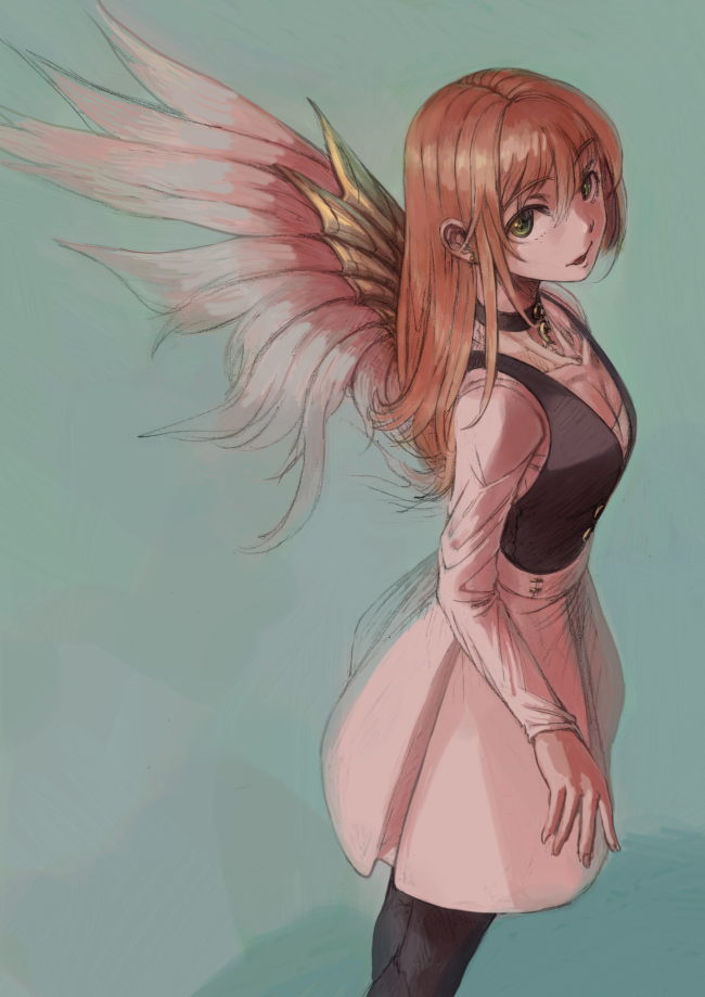 1girl aqua_background black_choker black_pantyhose black_vest choker earrings fingernails green_eyes hair_between_eyes jewelry long_hair long_sleeves open_mouth orange_hair original pantyhose pink_skirt pink_wings single_wing skirt solo straight_hair vaison vest wings