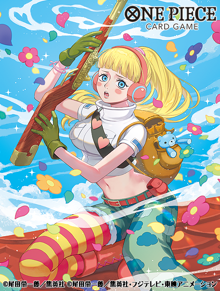 bag belt belt_pouch blonde_hair blue_eyes blunt_bangs blush_stickers boots commentary_request cropped_jacket ekusiun flower gloves green_gloves gun headphones hibari_(one_piece) holding holding_gun holding_weapon looking_at_viewer navel official_art one_piece one_piece_card_game open_mouth pantyhose ponytail pouch short_sleeves shoulder_bag striped_clothes striped_pantyhose weapon wind