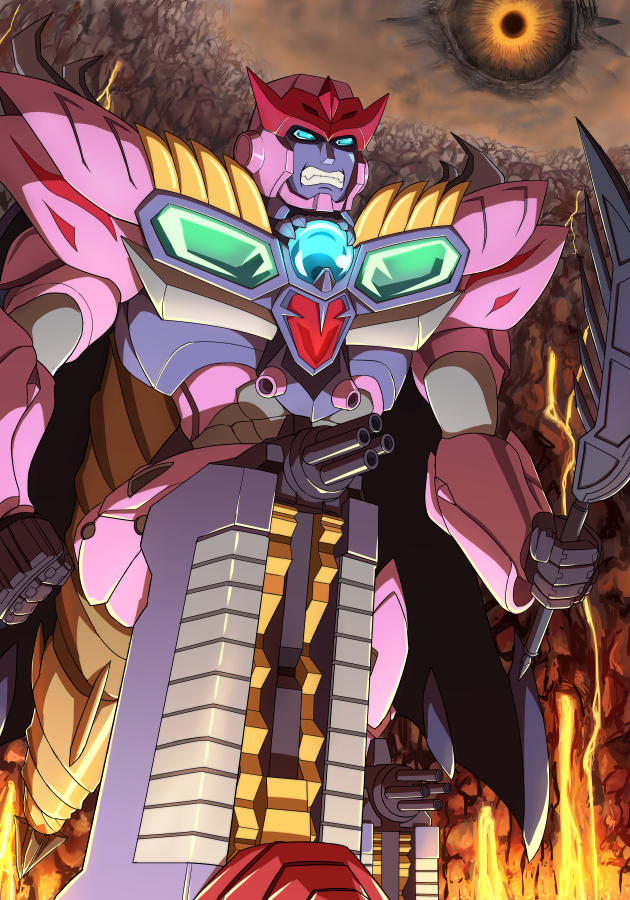 1990s_(style) 1boy artist_request beast_wars beast_wars_ii blue_eyes cannon full_body galvatron glowing holding holding_sword holding_weapon looking_at_viewer machine machinery male_focus mecha lava no_humans open_mouth outdoors personification predacon retro_artstyle robot solo standing sword teeth transformers weapon