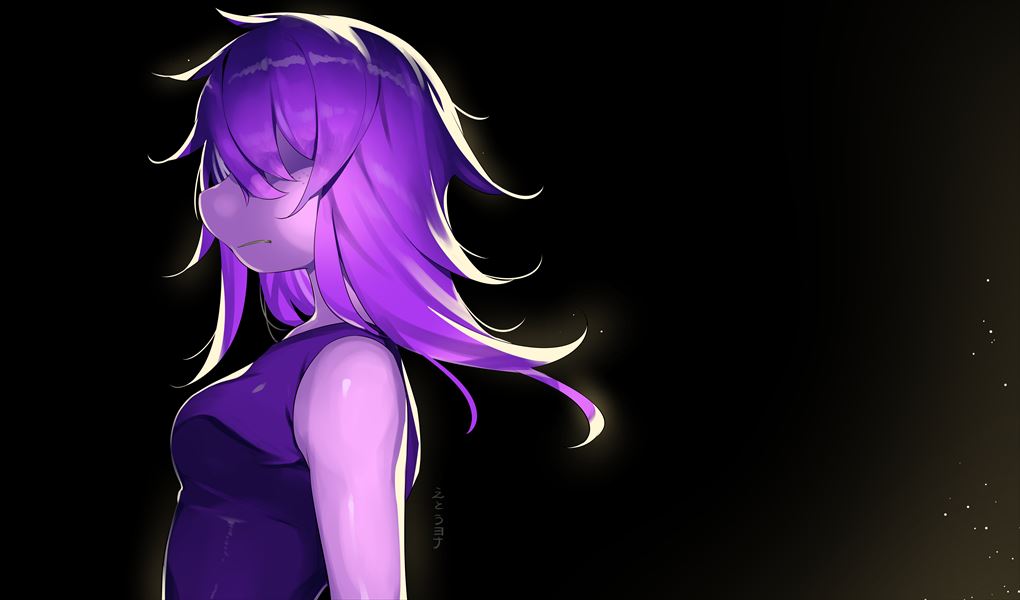 1girl arms_at_sides black_background breasts colored_skin deltarune frown hair_over_eyes hp_nokoketaetouyona long_hair pink_skin profile purple_hair simple_background small_breasts solo susie_(dark_world)_(deltarune) susie_(deltarune) upper_body