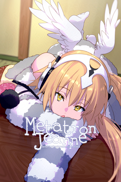 1girl angel_wings bare_shoulders blonde_hair character_name echo_(circa) fate/grand_order fate_(series) feathered_wings grey_sweater headphones jeanne_d&#039;arc_(fate) long_hair long_sleeves looking_at_viewer low_twintails lying metatron_jeanne_(fate) metatron_jeanne_(second_ascension)_(fate) off_shoulder on_stomach open_mouth solo striped_clothes striped_sweater sweater thighhighs twintails very_long_hair white_thighhighs wings yellow_eyes