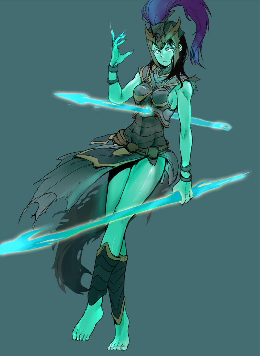 1girl armor bad_id bad_pixiv_id barefoot black_hair blue_skin bracelet breasts colored_skin covered_navel female_focus glowing glowing_eyes helmet jewelry kalista league_of_legends long_hair polearm scofa simple_background solo spear weapon