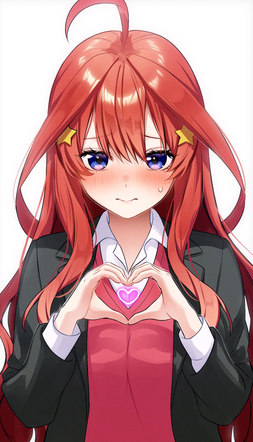 1girl ahoge black_jacket blazer blue_eyes blush collared_shirt go-toubun_no_hanayome hair_between_eyes hair_ornament heart heart_hands highres jacket kurosaki_coco long_hair looking_at_viewer nakano_itsuki open_clothes open_jacket red_hair red_sweater_vest school_uniform shirt solo star_(symbol) star_hair_ornament sweatdrop sweater_vest upper_body white_background white_shirt