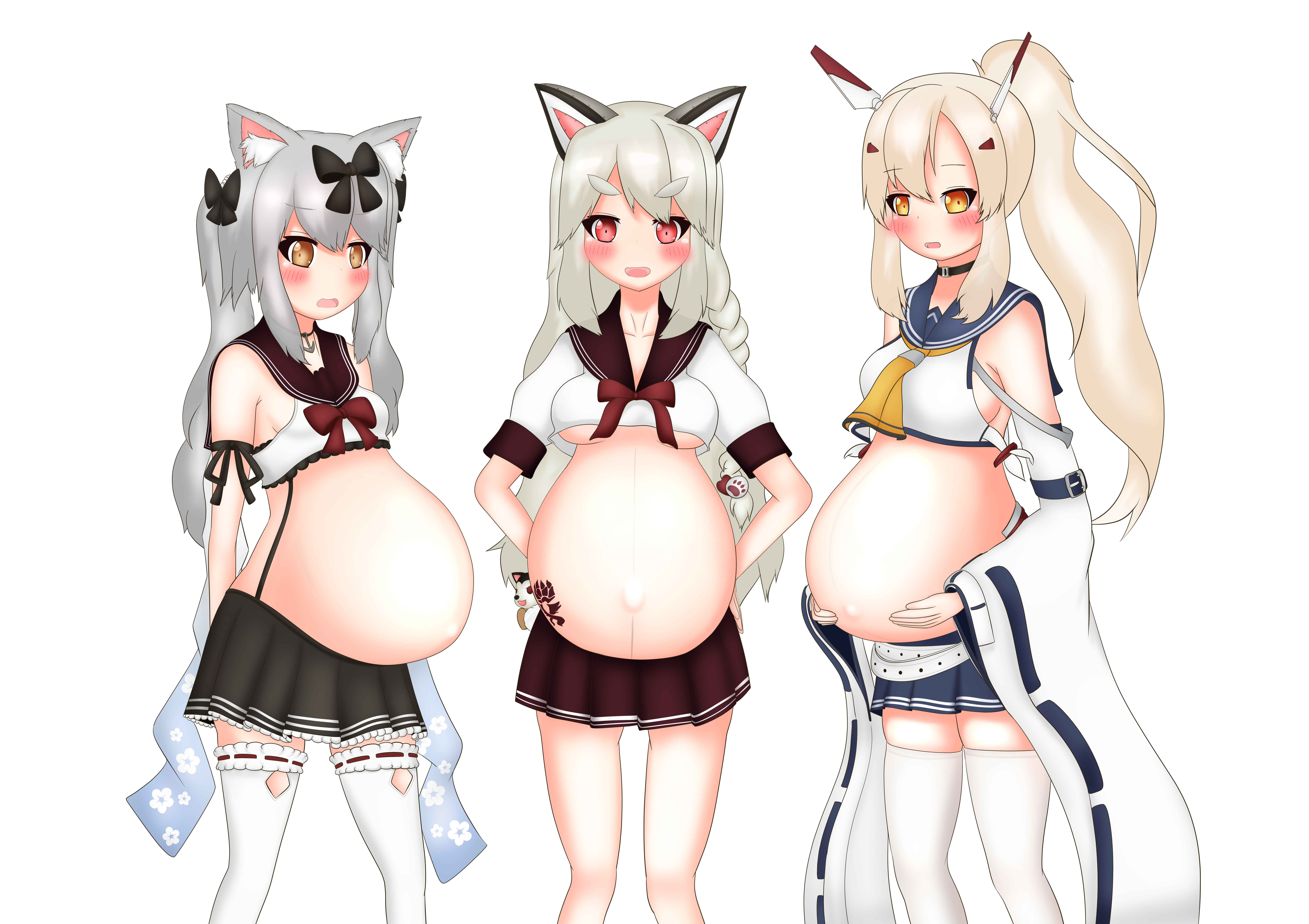 3girls absurdres ayanami_(azur_lane) azur_lane black_skirt blue_skirt highres multiple_girls pregnant red_skirt sailor_collar skirt yukikaze_(azur_lane) yuudachi_(azur_lane)