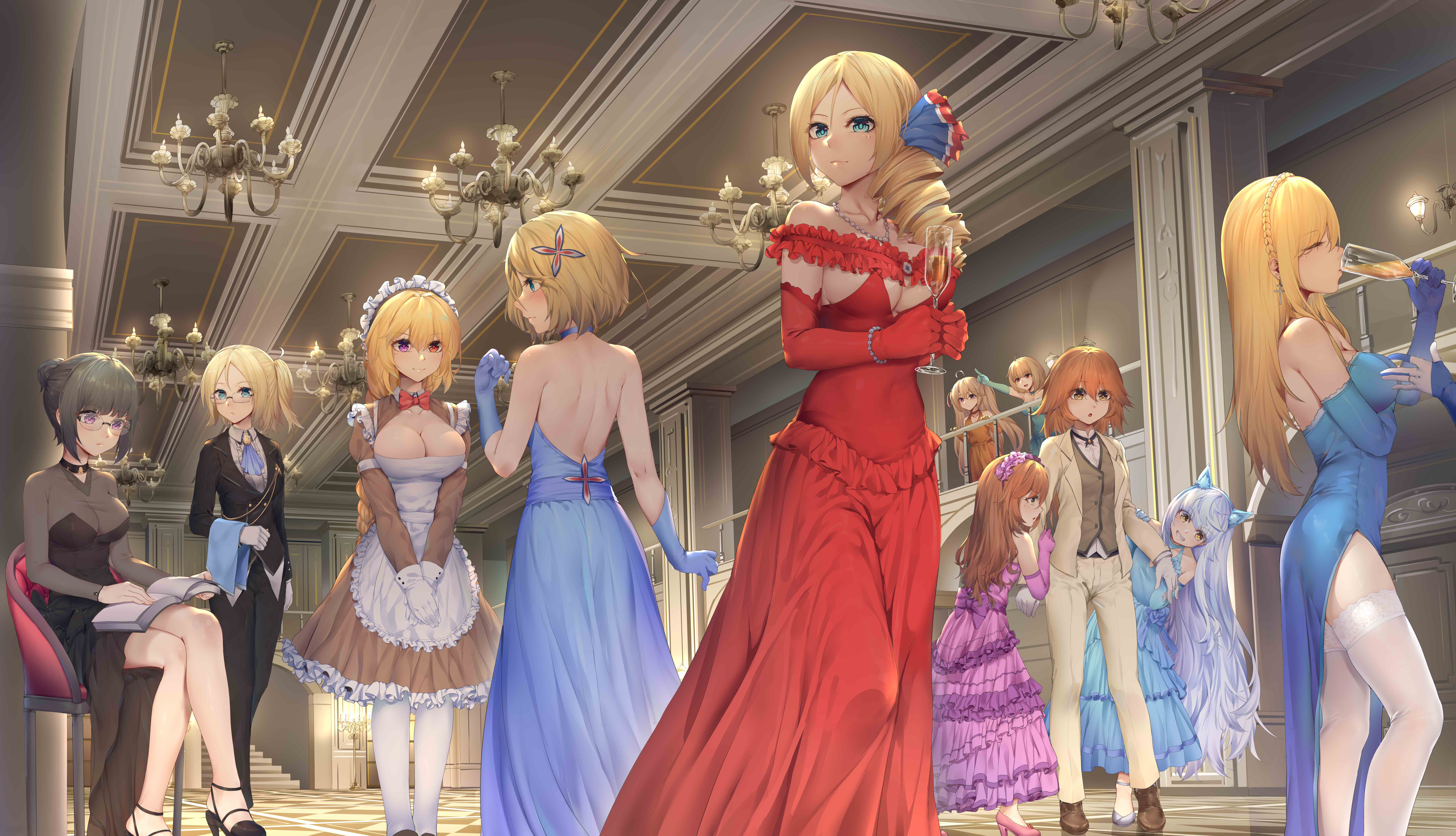 6+girls absurdres alternate_costume apron black_hair blonde_hair blue_dress blue_eyes blue_gloves blue_hair breasts brown_dress brown_eyes brown_hair butler cleavage_cutout clothing_cutout cup dress drinking_glass elbow_gloves closed_eyes female_butler formal_clothes gloves heterochromia highres holding holding_cup indoors large_breasts le_fantasque_(warship_girls_r) long_sleeves maid maid_apron maid_headdress multiple_girls pants purple_eyes ray_(pixiv9514208) red_dress red_eyes red_gloves revision richelieu_(warship_girls_r) sitting sleeveless sleeveless_dress standing suit thighhighs waist_apron warship_girls_r white_apron white_gloves white_legwear white_pants white_suit