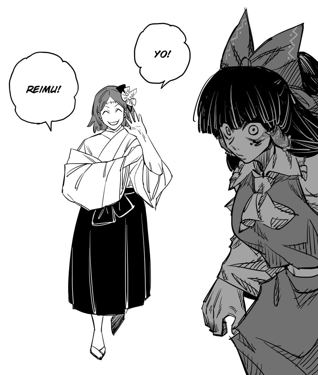 2girls ^_^ blood blood_on_face blunt_bangs bow closed_eyes collared_shirt eddybird55555 flower full_body hair_bow hair_flower hair_ornament hair_tubes hakurei_reimu hand_up hieda_no_akyuu highres japanese_clothes jujutsu_kaisen kimono long_sleeves multiple_girls neckerchief sandals scar scar_on_face scar_on_forehead shirt short_hair simple_background speech_bubble touhou white_background wide-eyed