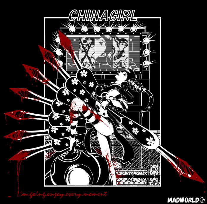 1girl blood english_text female_focus madworld monochrome rinrin_(madworld) slot_machine solo spot_color tagme